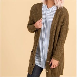 Cable Knit Cardigan Sweater- Olive